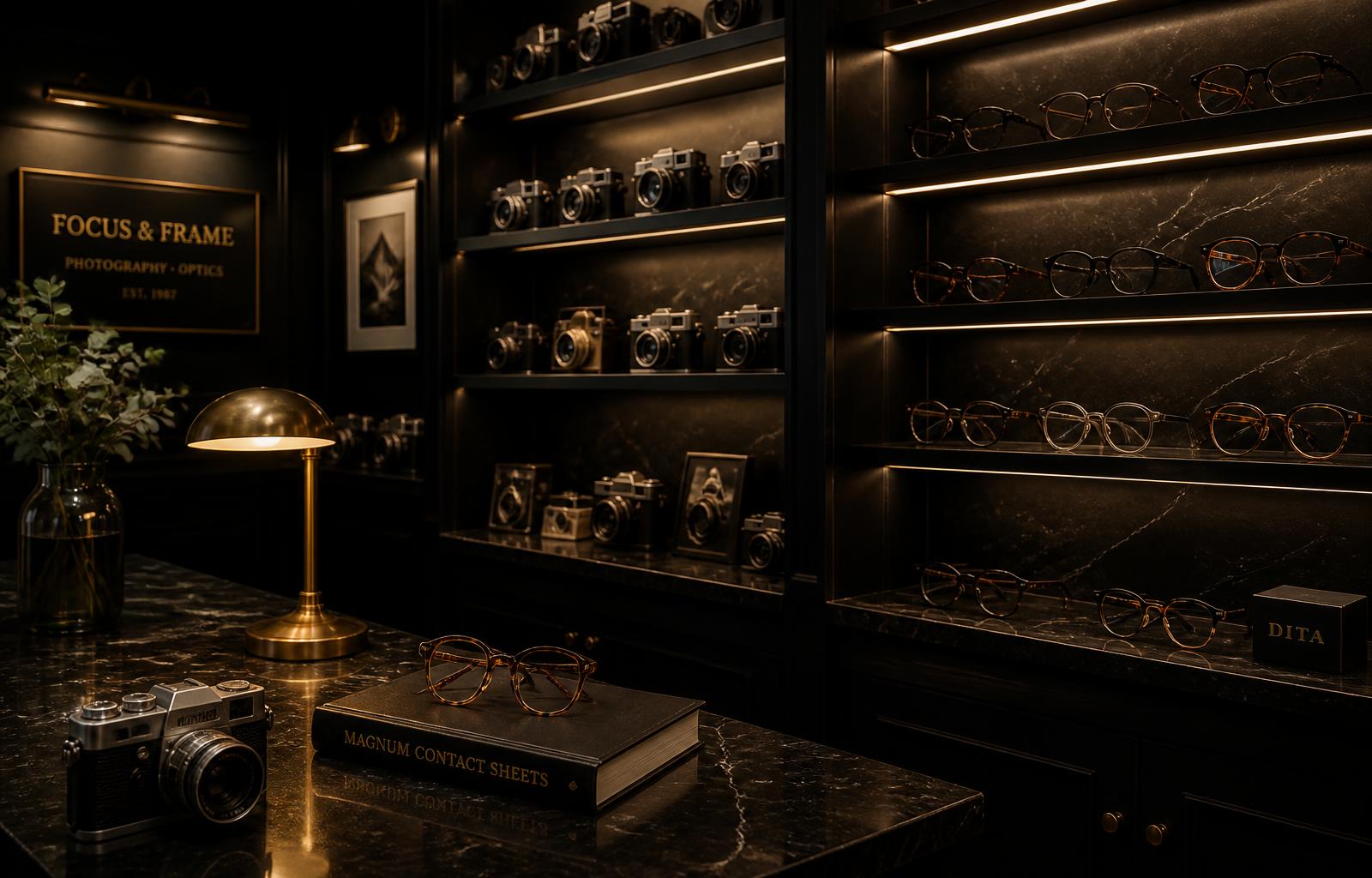 Interno del negozio di fotografia e ottica con macchine fotografiche e occhiali
